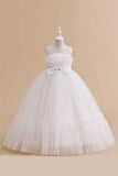 White Strapless Tulle A Line Flower Girl Dress with Bow