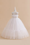 White Strapless Tulle A Line Flower Girl Dress with Bow