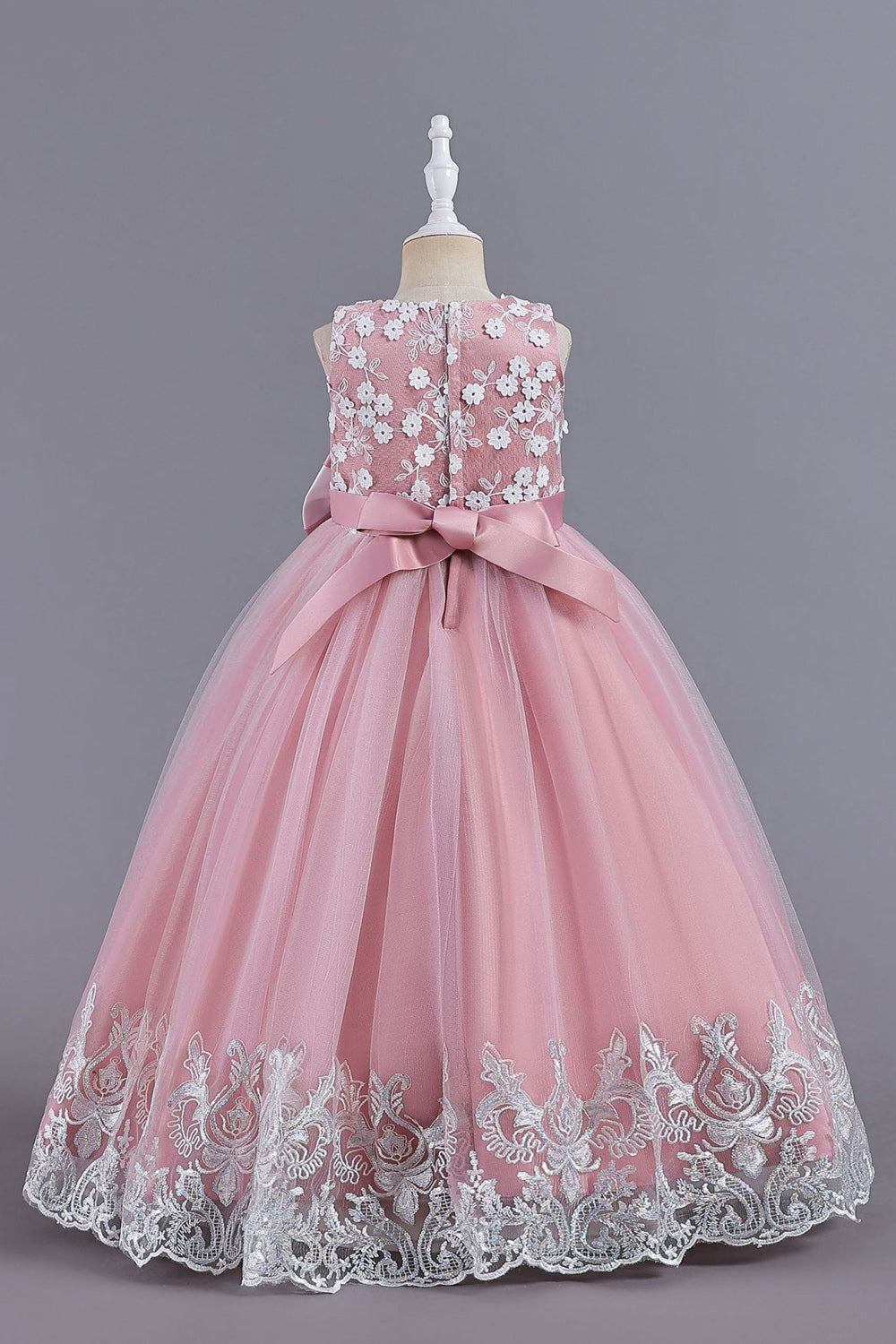 Pink Sleeveless Round Neck Applique Girls Dresses With Bowknot