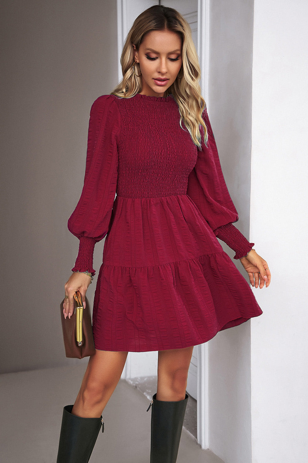 Pink Long Sleeves A Line Casual Dress with Ruffles