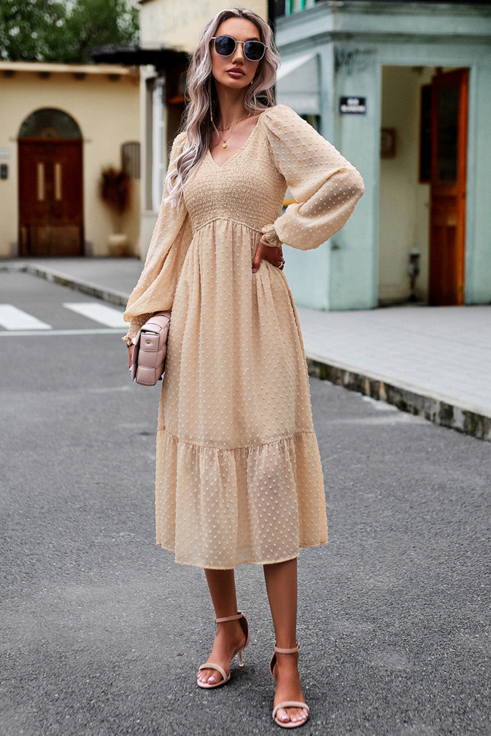 Black A-Line V-Neck Long Sleeves Casual Dress
