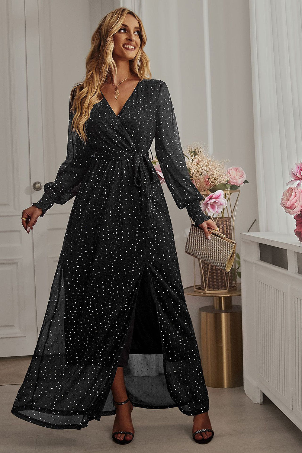 Black Polka Dots Long Sleeves V-Neck Casual Dress With Slit