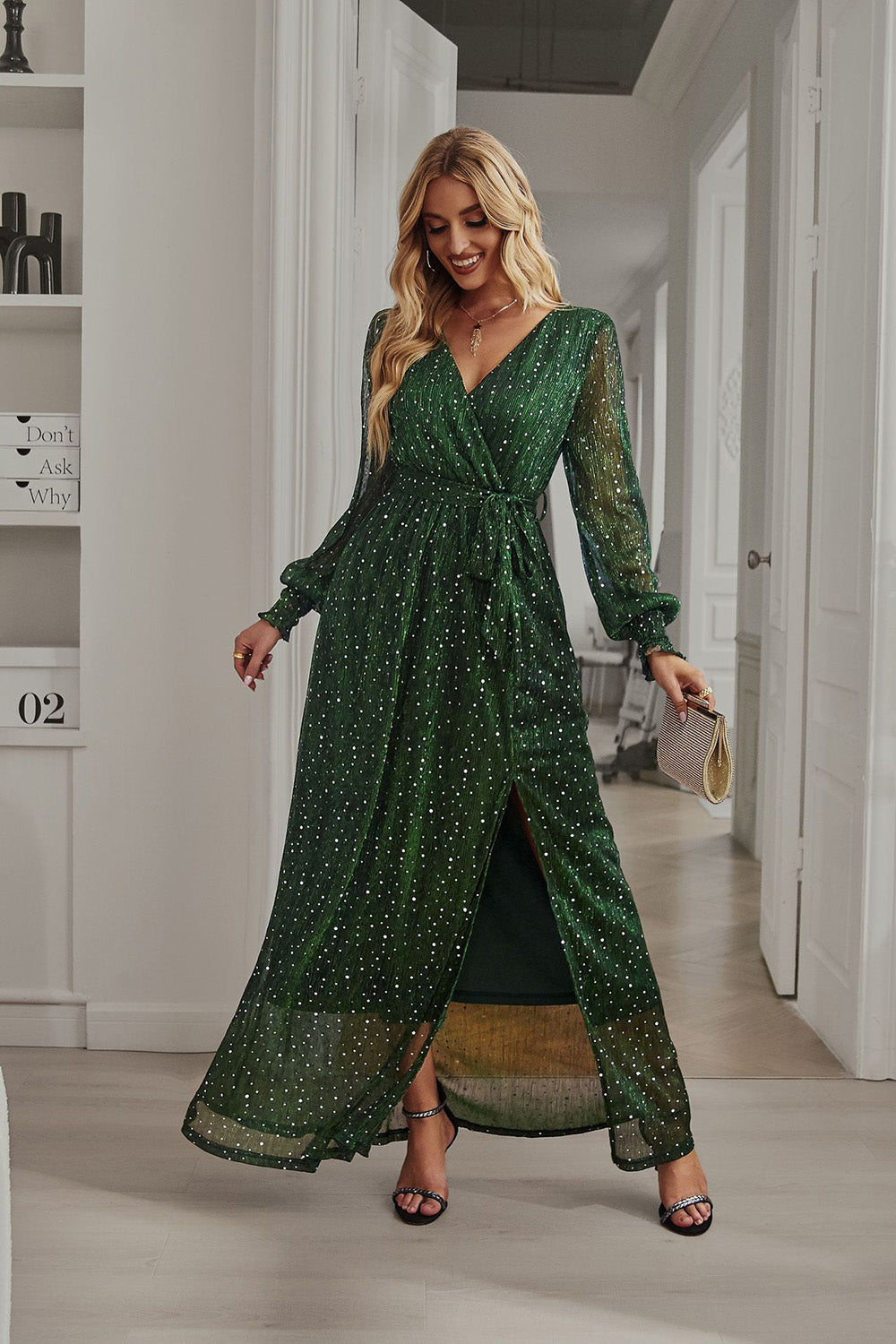 Black Polka Dots Long Sleeves V-Neck Casual Dress With Slit