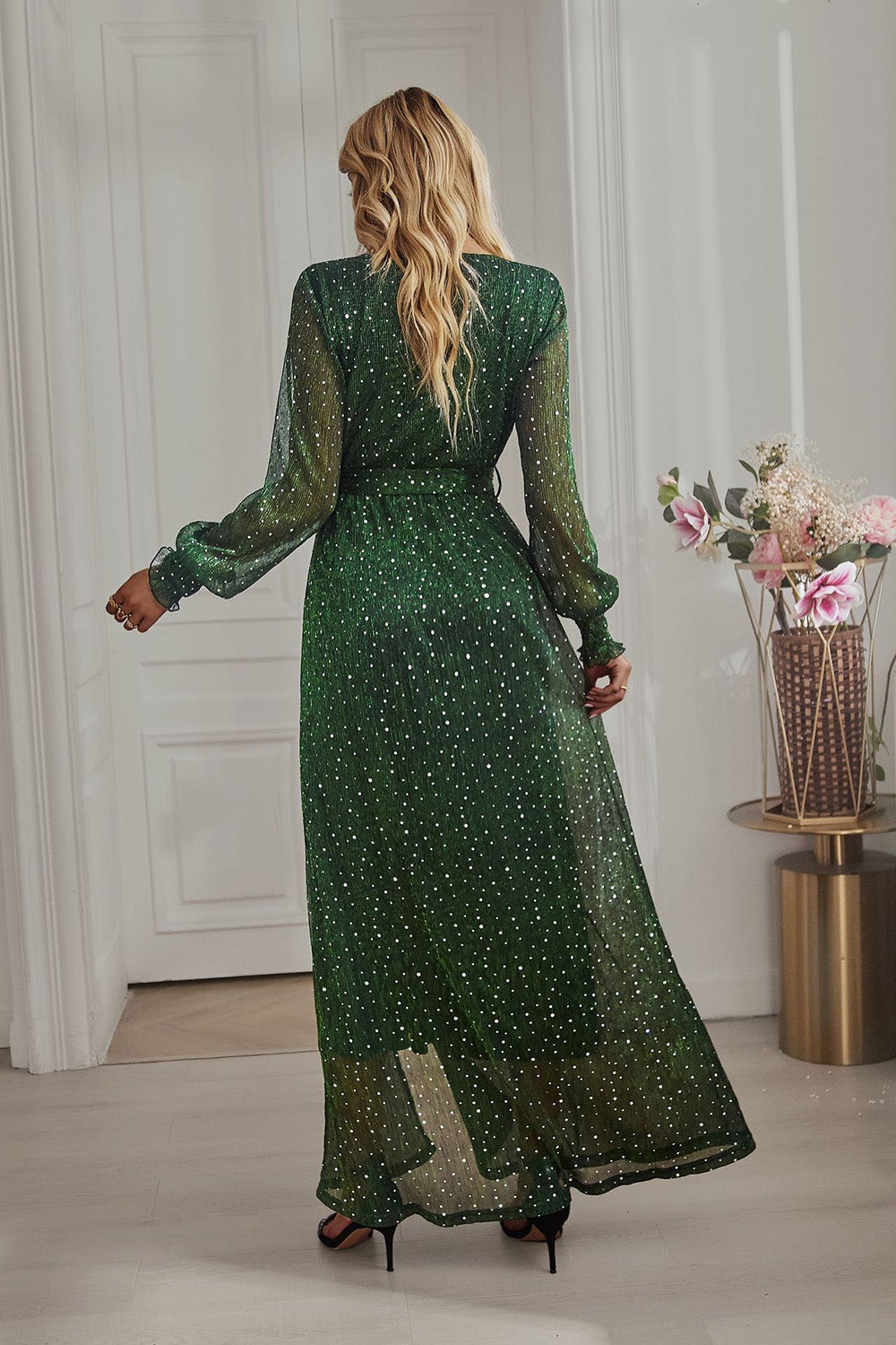 Black Polka Dots Long Sleeves V-Neck Casual Dress With Slit