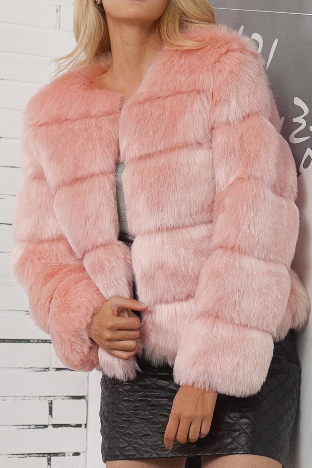 Shawl Lapel Cropped Grey Women Faux Fur Coat