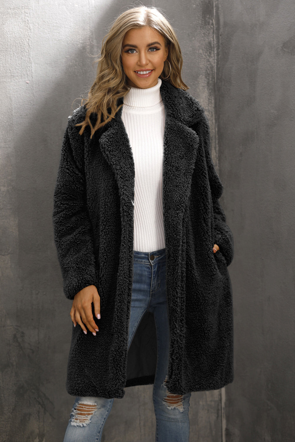 Notched Lapel Camel Long Faux Fur Women Coat
