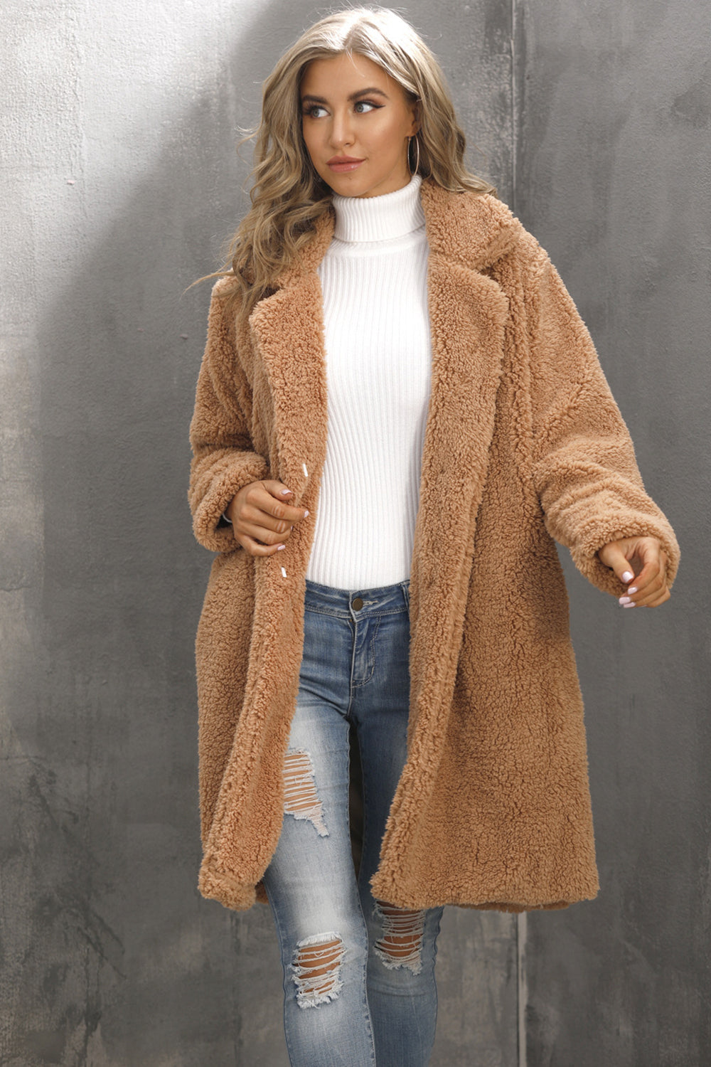 Notched Lapel Camel Long Faux Fur Women Coat