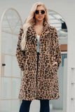 Notched Lapel Leopard Printed Brown Long Women Faux Fur Coat