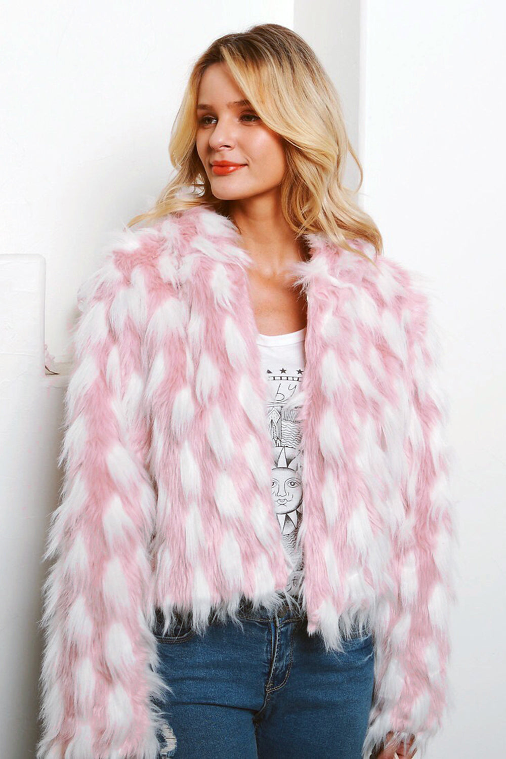 Patchwork Pink Cropped Women Faux Fur Coat