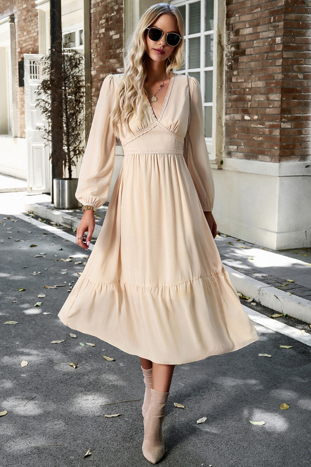 Pink A Line Casual Dress With Long Sleeves