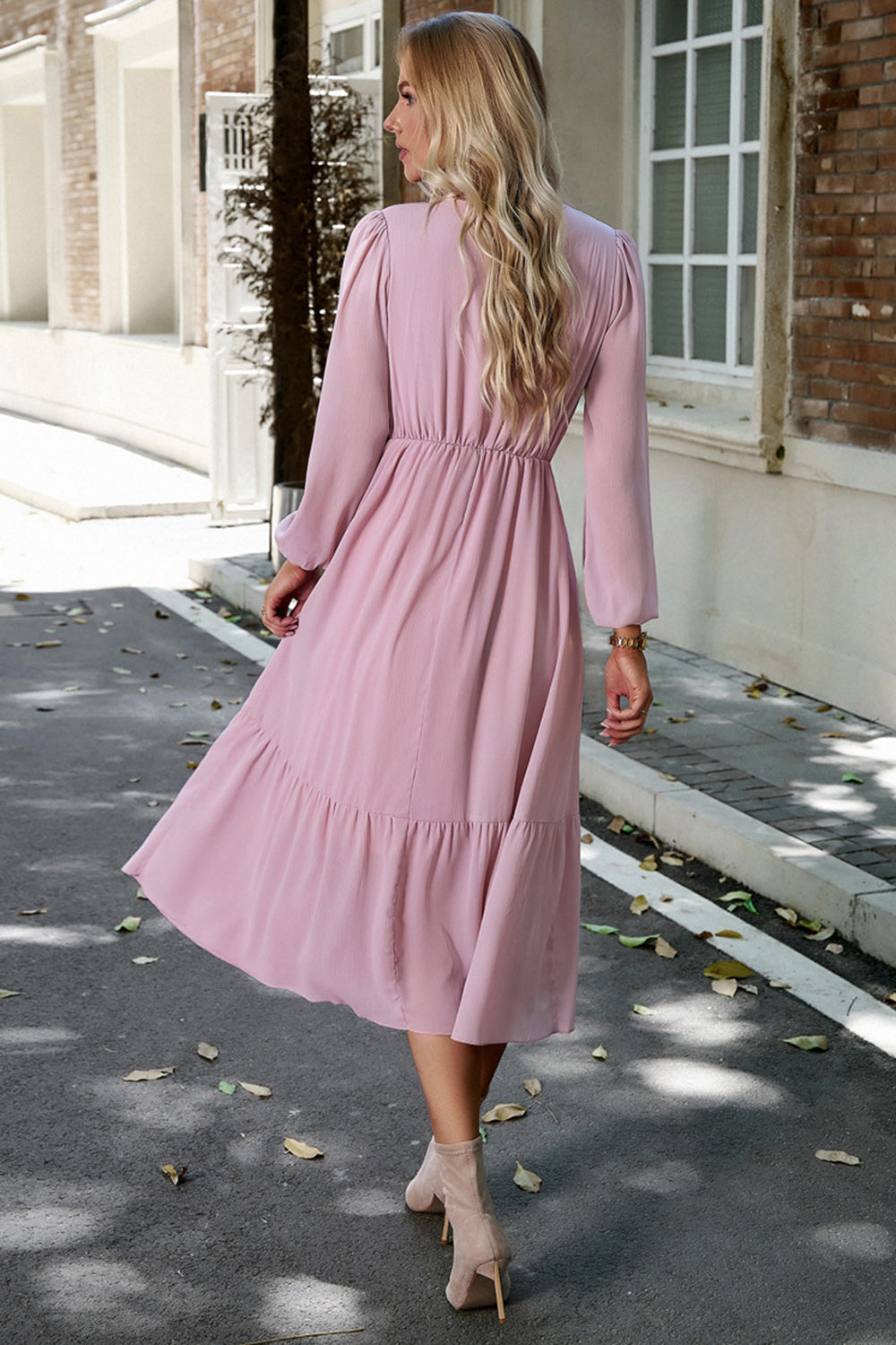 Pink A Line Casual Dress With Long Sleeves