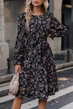 Black Floral Print Round Neck Long Sleeves Casual Dress