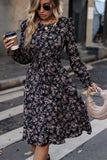 Black Floral Print Round Neck Long Sleeves Casual Dress
