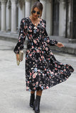 Black Floral Printed V-Neck Long Sleeves Casual Dress