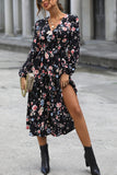 Black Floral Printed V-Neck Long Sleeves Casual Dress