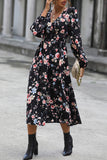 Black Floral Printed V-Neck Long Sleeves Casual Dress