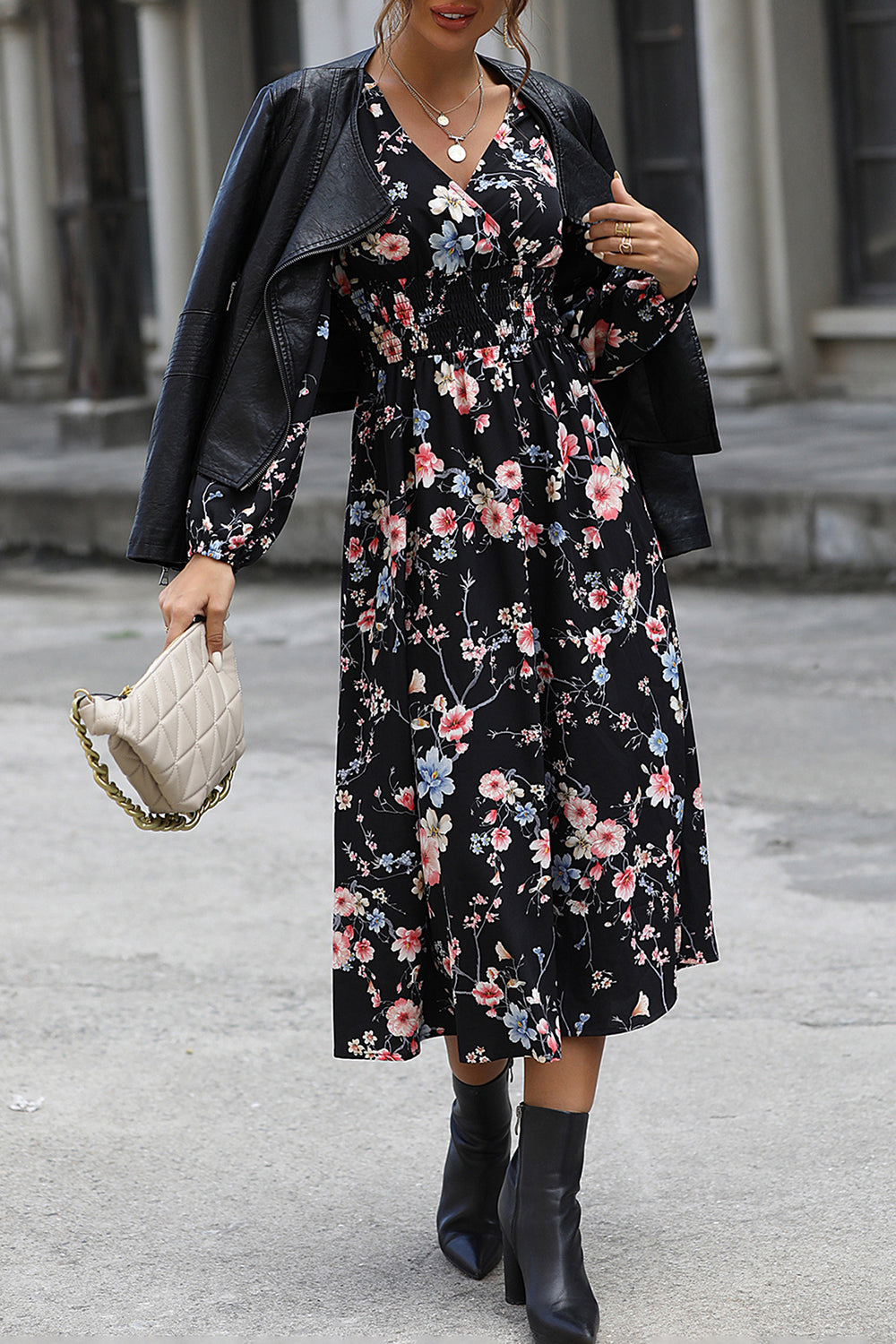 Black Floral Printed V-Neck Long Sleeves Casual Dress