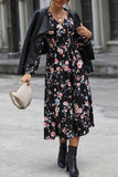Black Floral Printed V-Neck Long Sleeves Casual Dress