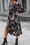 Black Floral Printed V-Neck Long Sleeves Casual Dress