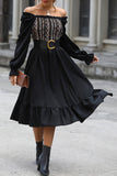 Black A Line Off the Shoulder Long Sleeves Casual Dress with Belt