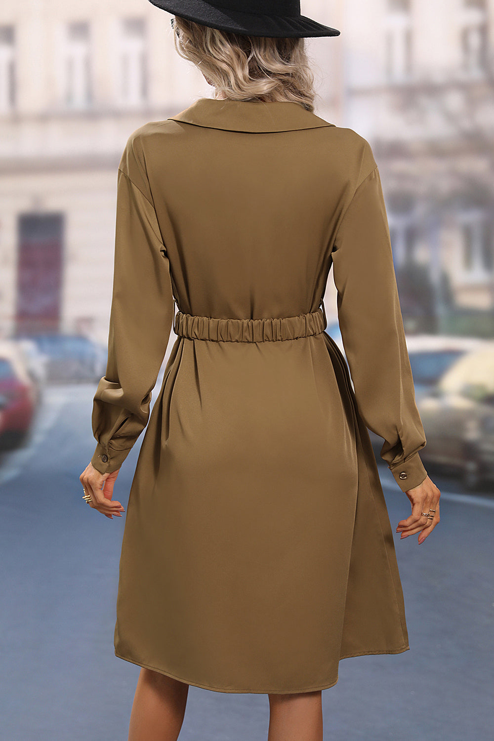 Brown Long Sleeves Casual Dress with Belt