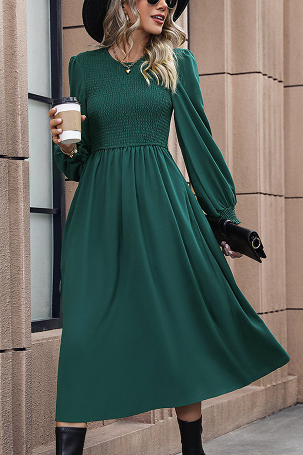 Green Long Sleeves Casual Dress with Pleated