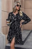 Black Long Sleeves Printed Casual Dress with Buttons