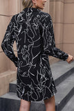 Black Long Sleeves Printed Casual Dress with Buttons