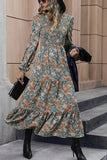 Green V-Neck Printed Long Sleeves Casual Dress with Pleated