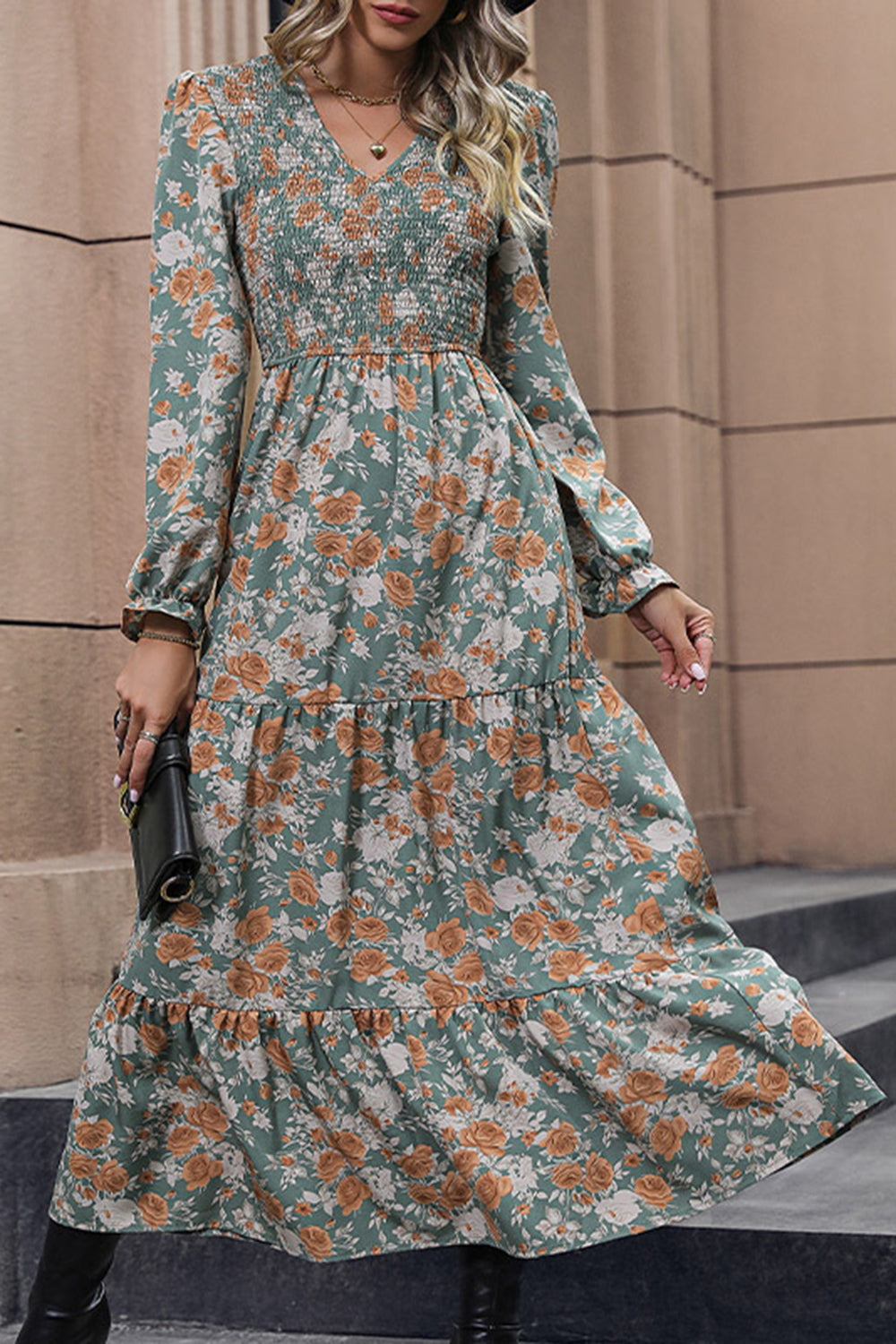 Green V-Neck Printed Long Sleeves Casual Dress with Pleated