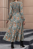 Green V-Neck Printed Long Sleeves Casual Dress with Pleated