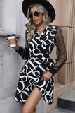 Black Long Sleeves Printed Casual Dress with Slit