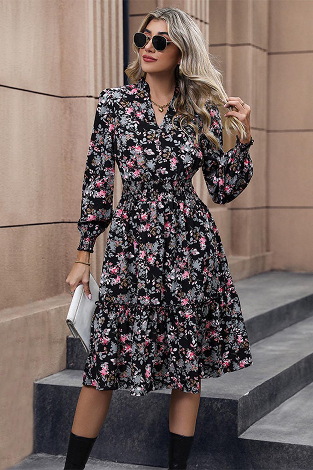 Floral Printed V-Neck Long Sleeves A Line Casual Dress