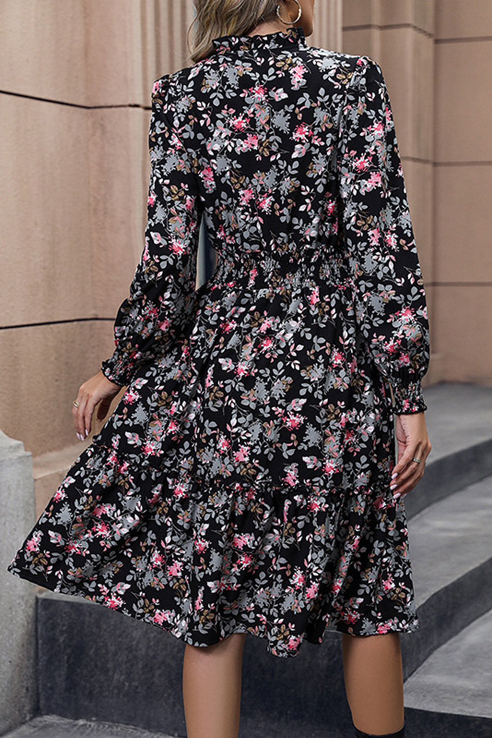 Floral Printed V-Neck Long Sleeves A Line Casual Dress