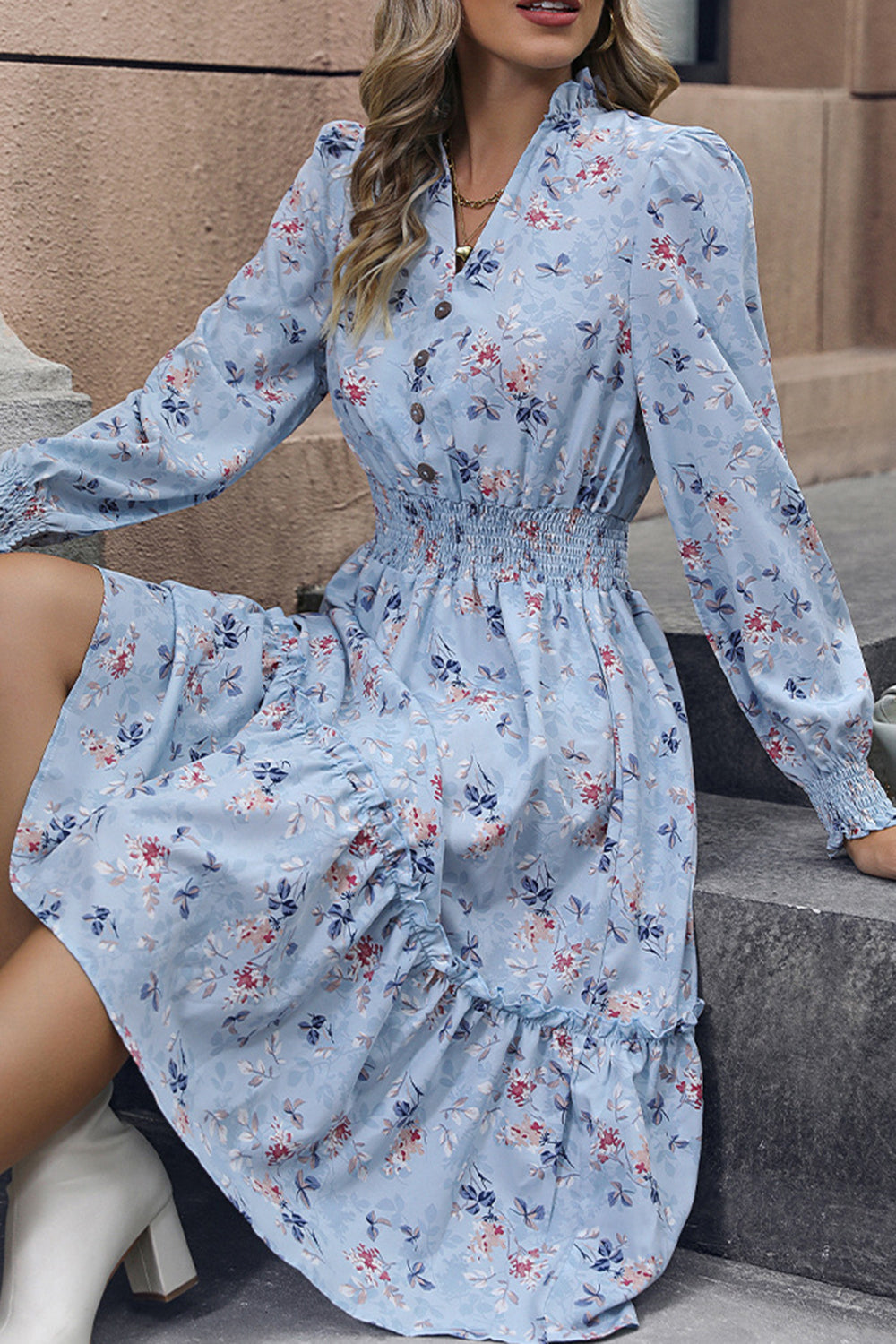 Floral Printed V-Neck Long Sleeves A Line Casual Dress