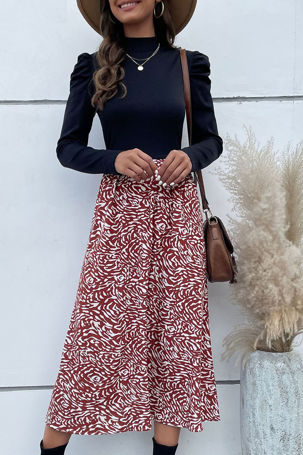 Black Long Sleeves Casual Dress with Printed