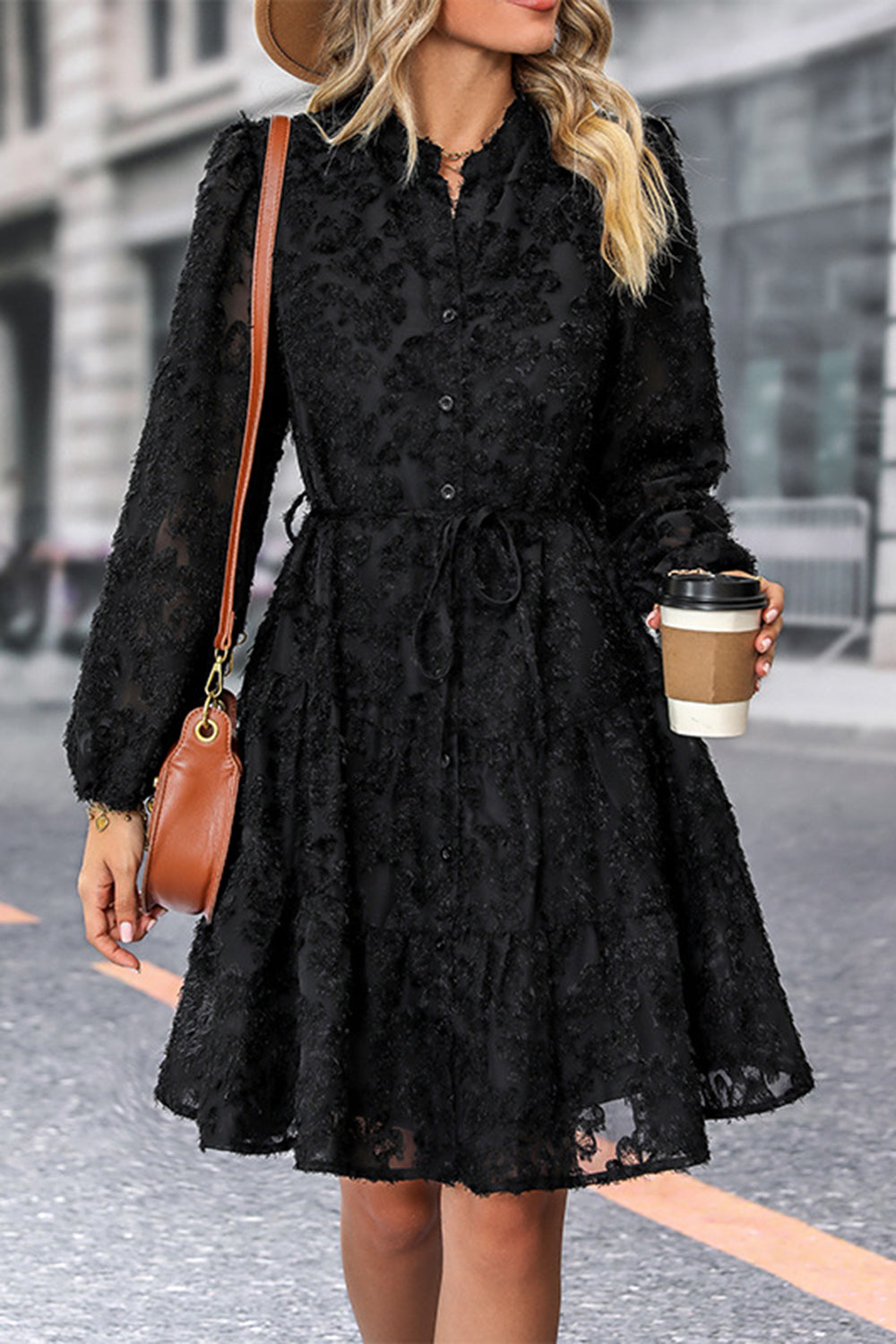 Black A Line Long Sleeves Midi Casual Dress