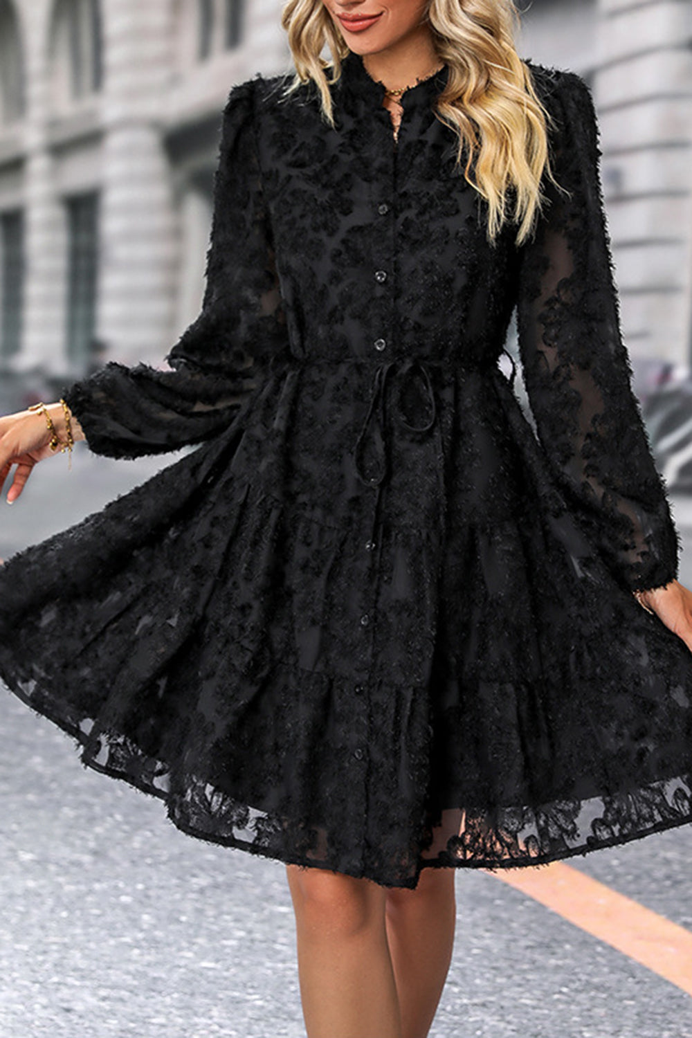 Black A Line Long Sleeves Midi Casual Dress