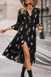 Black Feathers Print Long Sleeves Long Casual Dress with Slit
