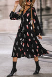 Black Feathers Print Long Sleeves Long Casual Dress with Slit