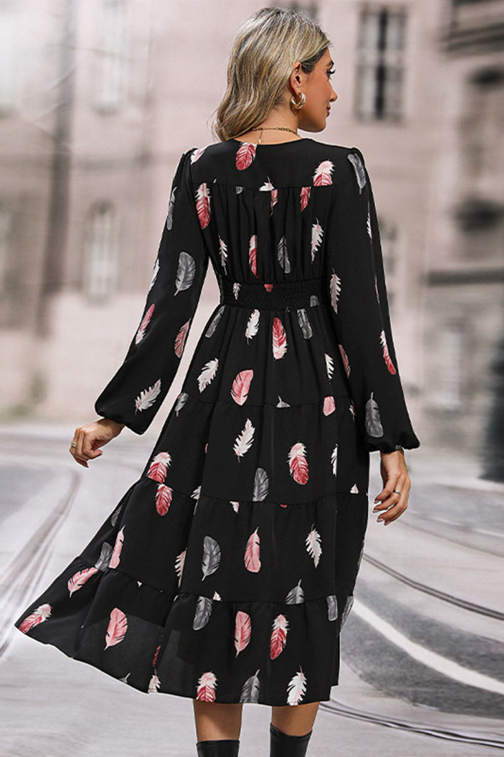 Black Feathers Print Long Sleeves Long Casual Dress with Slit
