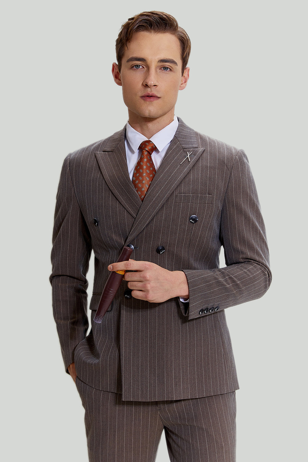 Coffee Pinstripe 3 Piece Men's Prom Ball Suits