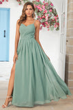 A Line Matcha Chiffon Spaghetti Straps Bridesmaid Dress