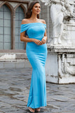 Light Blue Off the Shoulder Mermaid Long Ball Dress