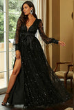 Black A-Line Sparkly V-Neck Formal Dress With Slit