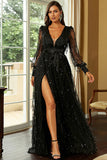 Black A-Line Sparkly V-Neck Formal Dress With Slit