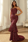 Burgundy Sparkly Sequins Mermaid Ball Dress