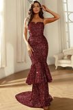Burgundy Sparkly Sequins Mermaid Ball Dress