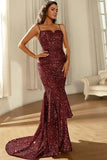 Burgundy Sparkly Sequins Mermaid Ball Dress