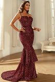 Burgundy Sparkly Sequins Mermaid Ball Dress